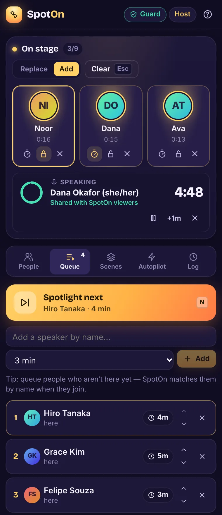 SpotOn Queue tab: a 'Spotlight next: Hiro Tanaka, 4 min' button with the N hotkey, and a queue of Hiro, Grace and Felipe with minutes per speaker.